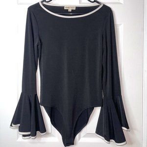 CHARMED HEARTS Black/White Lined Woman's Bodysuit Long Bell Sleeves Stretchy M
